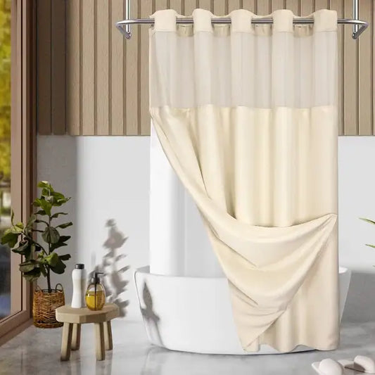 Shower Curtain-72x77 - Snap On - Beige- Rectangle Box Design- 12PCS/BOX - flat